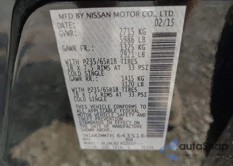 2015 Nissan Pathfinder S from USA, damaged, VIN 5N1AR2MM7FC643516